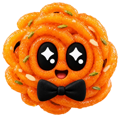 Jalebi: a glossy orange spiral sweet with sparkly eyes and a bow tie