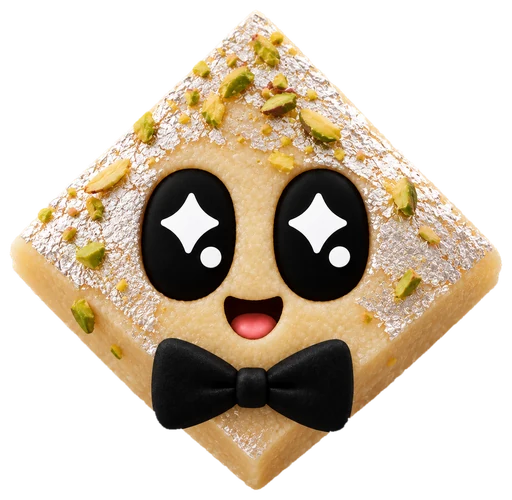 Kaju Katli: a diamond-shaped cashew sweet with silver leaf, pistachios and a bow tie