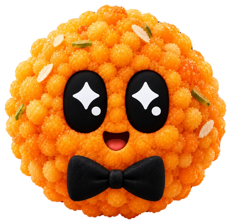 laddu: a round, orange boondi laddoo with huge sparkly eyes, a happy open smile and a little black bow tie