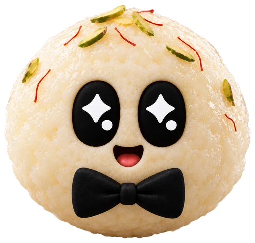Rasgulla: a soft, white spongy ball with saffron strands, pistachios and a bow tie